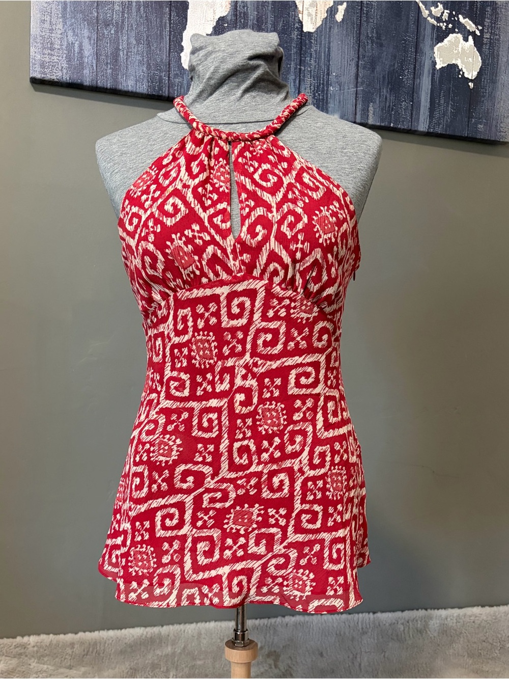 MICHAEL Michael Kors 100% Silk Halter Top Size 8 Red Ivory Ikat Print